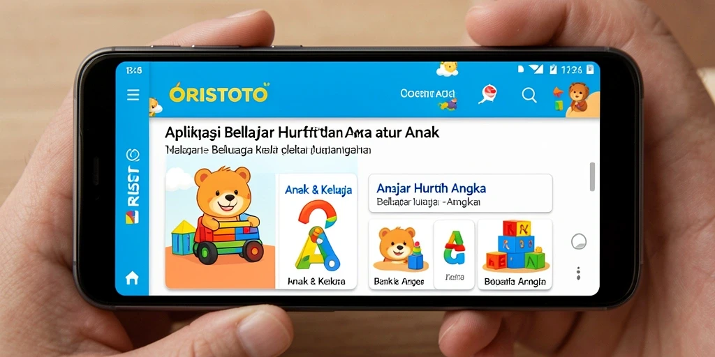 Antarmuka aplikasi ORISTOTO yang interaktif untuk belajar huruf dan angka.