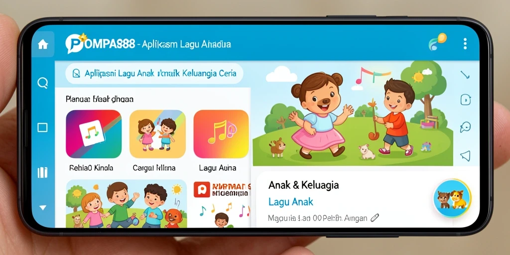 Antarmuka aplikasi POMPA88 menampilkan lagu anak yang ceria dan edukatif.