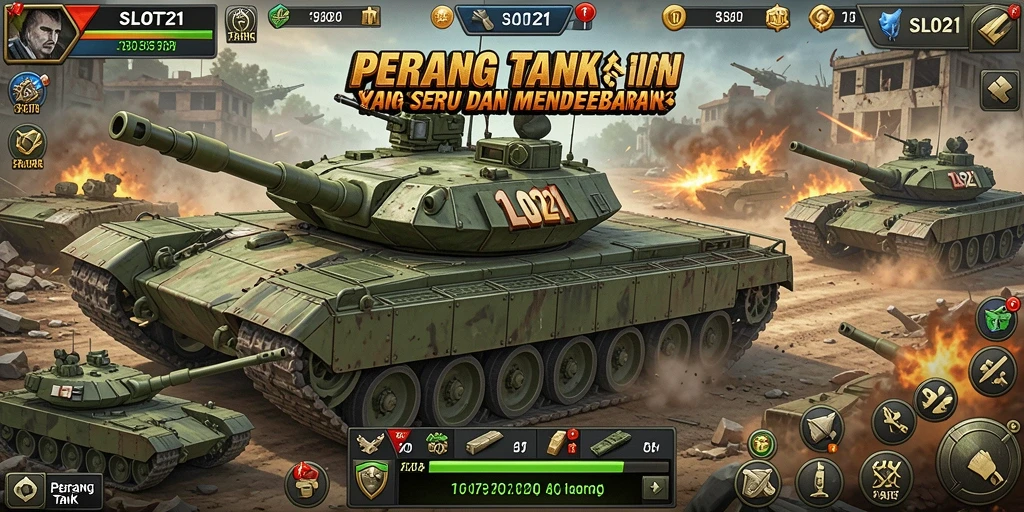 Antarmuka permainan Perang Tank SLOT21 yang menarik dan intuitif.